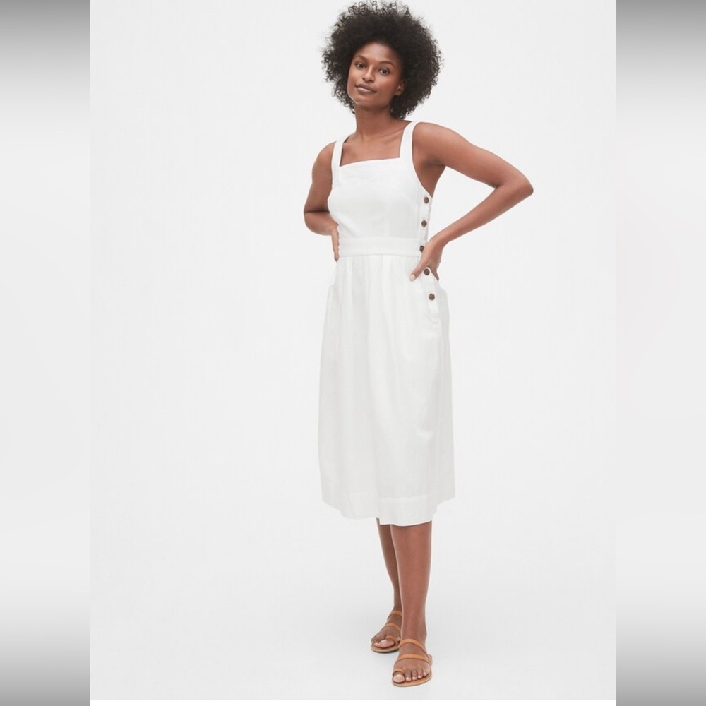 GAP NWT White Apron Cotton Linen Midi Dress Side Button Adjustable Straps 8 Tall